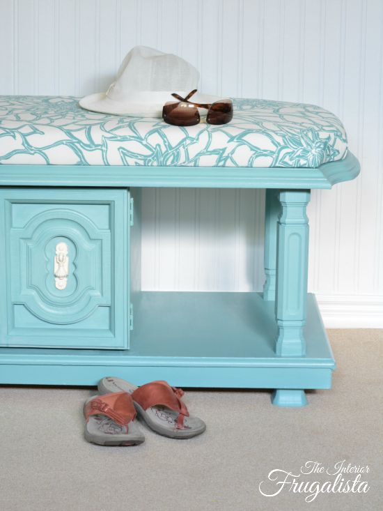 How to repurpose a chunky 70s coffee table into a gorgeous bold upholstered bench with handy storage for a entry bench, end of bed bench, or ottoman.