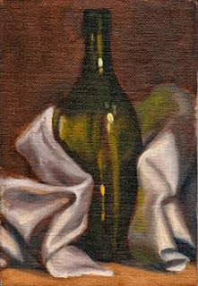 Oil painting of a green flat-bottomed torpedo bottle stood upright and partially wrapped in a white tea towel.