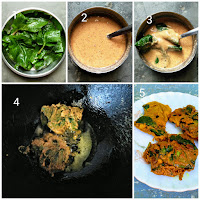 Malabar spinach leaves fritters are very tasty fritters which can be served as a snack or as a side dish with steamed rice. The fleshy thick malabar spinach leaves are dipped into a spicy chickpea batter and then fried till golden brown or till crisp in oil.