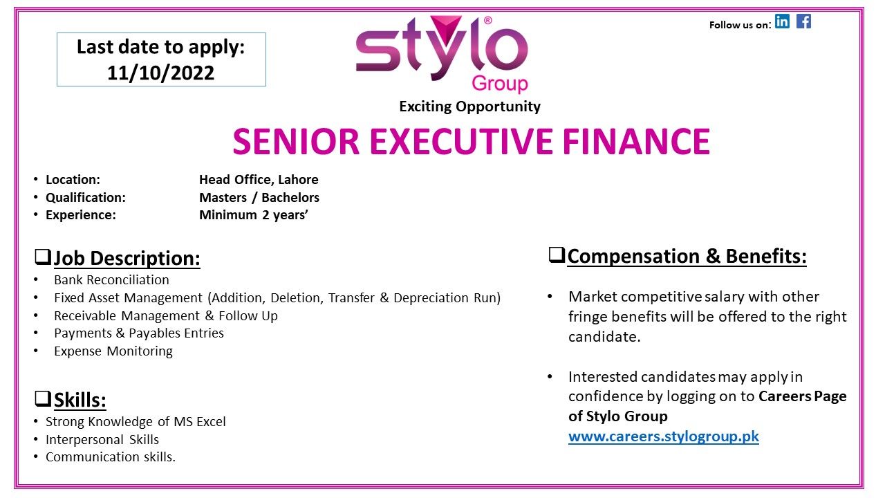 Stylo Pvt Ltd Jobs For Senior Executive Finance