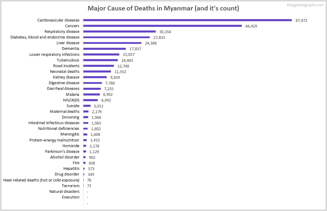 Major Cause of Deaths in Myanmar (and it's count)