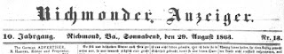 Richmonder Anzeiger. 10. Jg, Nr. 13, Sa., den 29. August 1863, S. 1