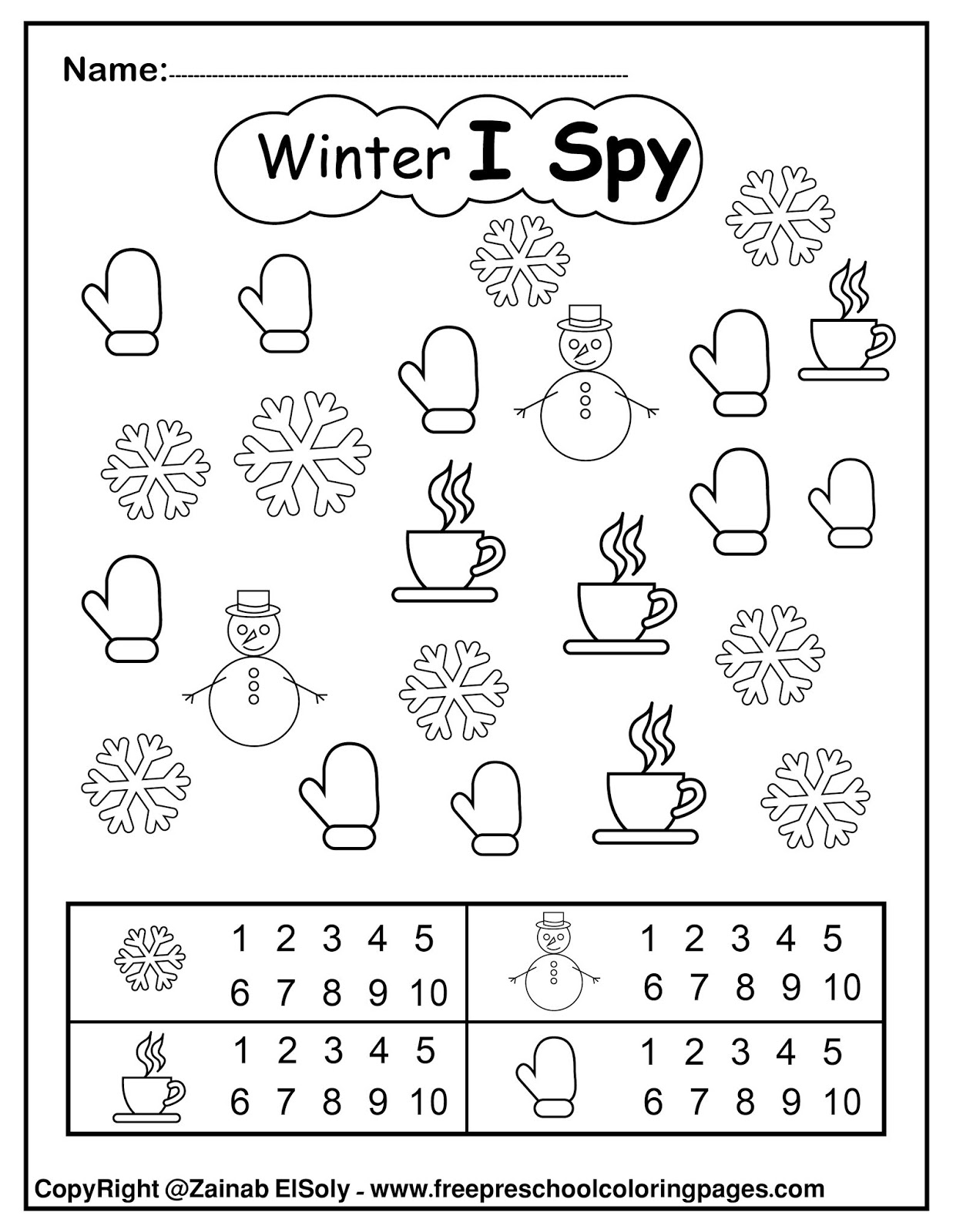 set of Winter "I Spy" coloring pages game - easy level