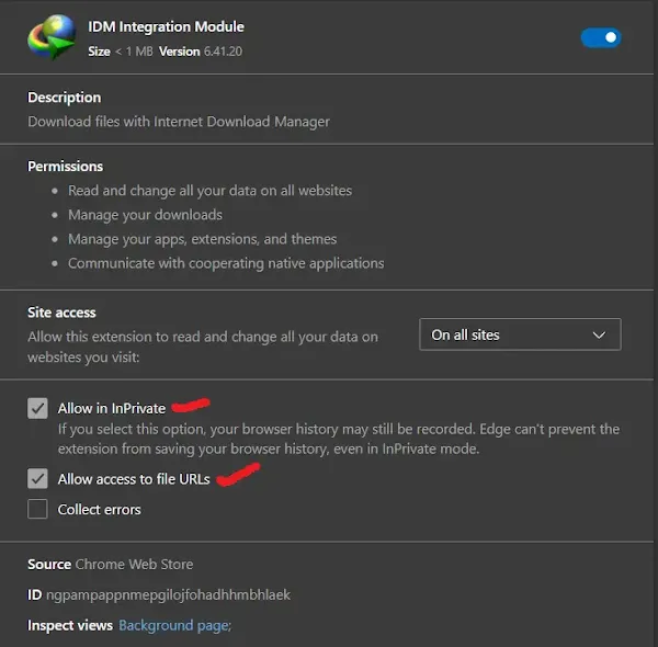 allow idm extension in incognito mode in microsoft edge browser