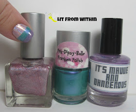 Bottle shot:  Urban Outfitters Pink Holo, Pink-Dipsy-Bulle Water Lily, and LynBDesigns It's Mauve And Dangerous.