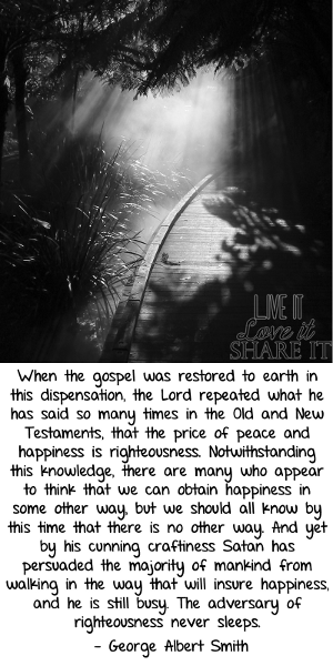 When the gospel was restored to earth in this dispensation, the Lord repeated what he has said so many times in the Old and New Testaments, that the price of peace and happiness is righteousness. Notwithstanding this knowledge, there are many who appear to think that we can obtain happiness in some other way, but we should all know by this time that there is no other way. And yet by his cunning craftiness Satan has persuaded the majority of mankind from walking in the way that will insure happiness, and he is still busy. The adversary of righteousness never sleeps. - George Albert Smith