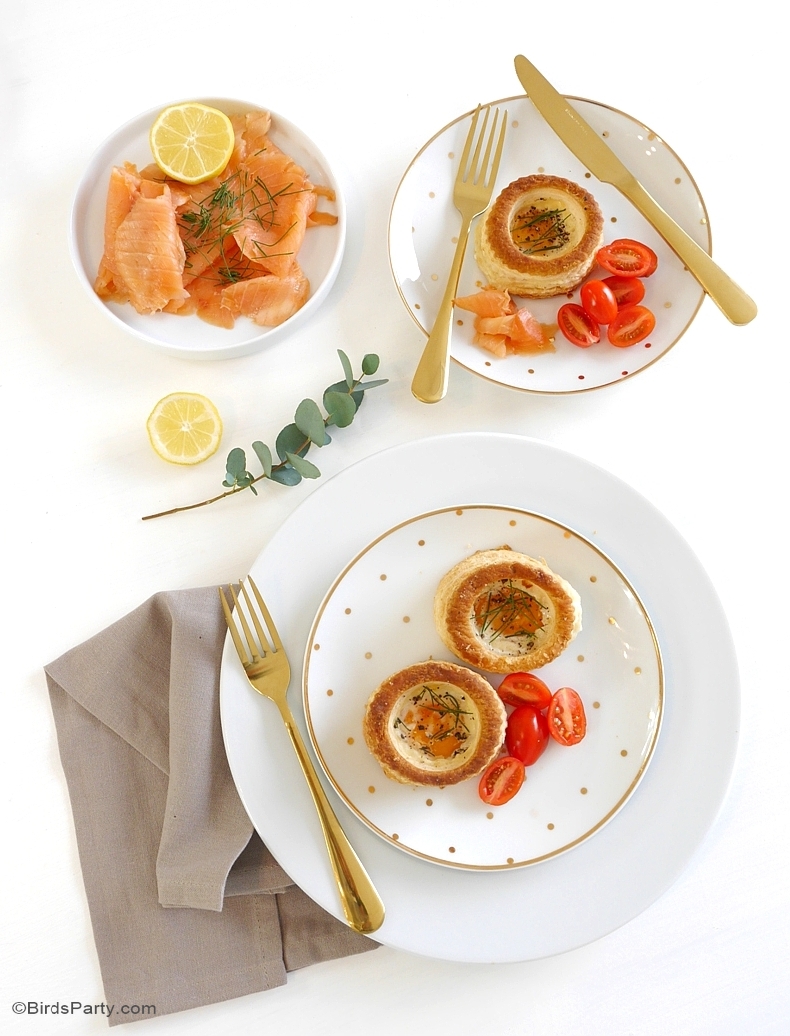 Brunch Recipes: Smoked Salmon & Chives Vol-au-Vent Baked Eggs - BirdsParty.com