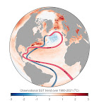 The image shows a world map with ocean currents and sea surface temperature (SST) data plotted for the period 1993 to 2021.
