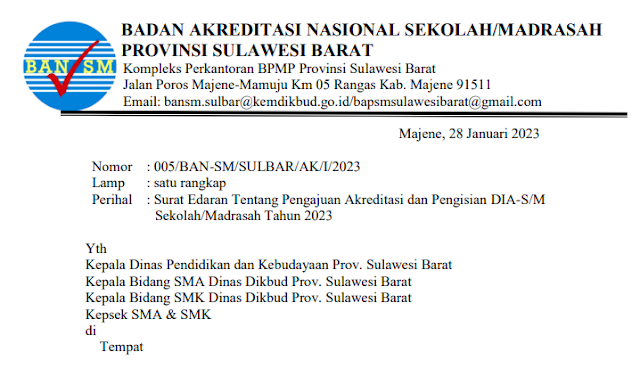 Info Penting Surat Edaran:  Daftar Sekolah di wilayah Provinsi Sulawesi Barat. yang diakreditasi Tahun 2023