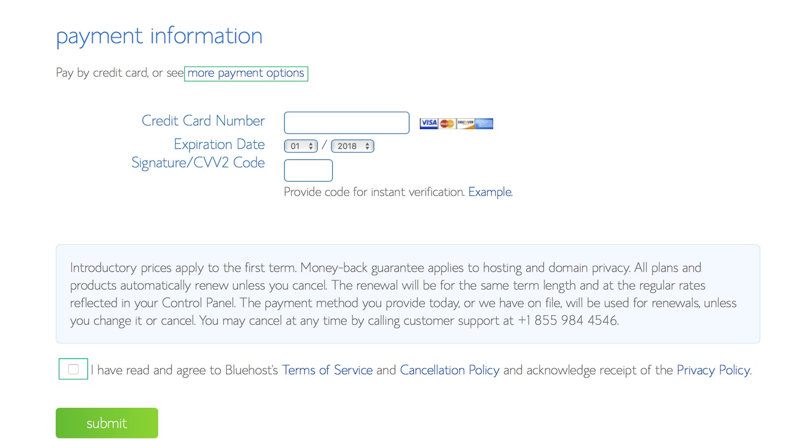 Enter your Payment Information on bluehost