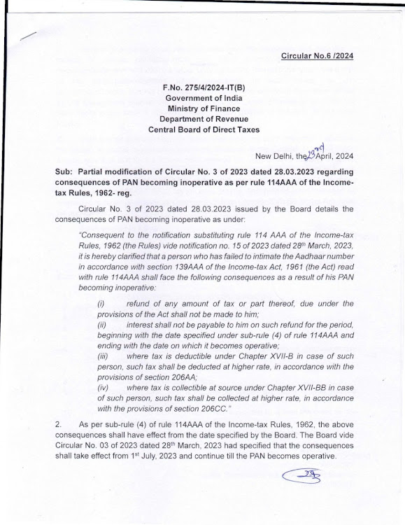 Partial modification of Circular No.3 of 2023 dated 28.03.2023 regarding consequences of PAN becoming inoperative as per rule 114AAA of the Income- tax Rules, 1962 