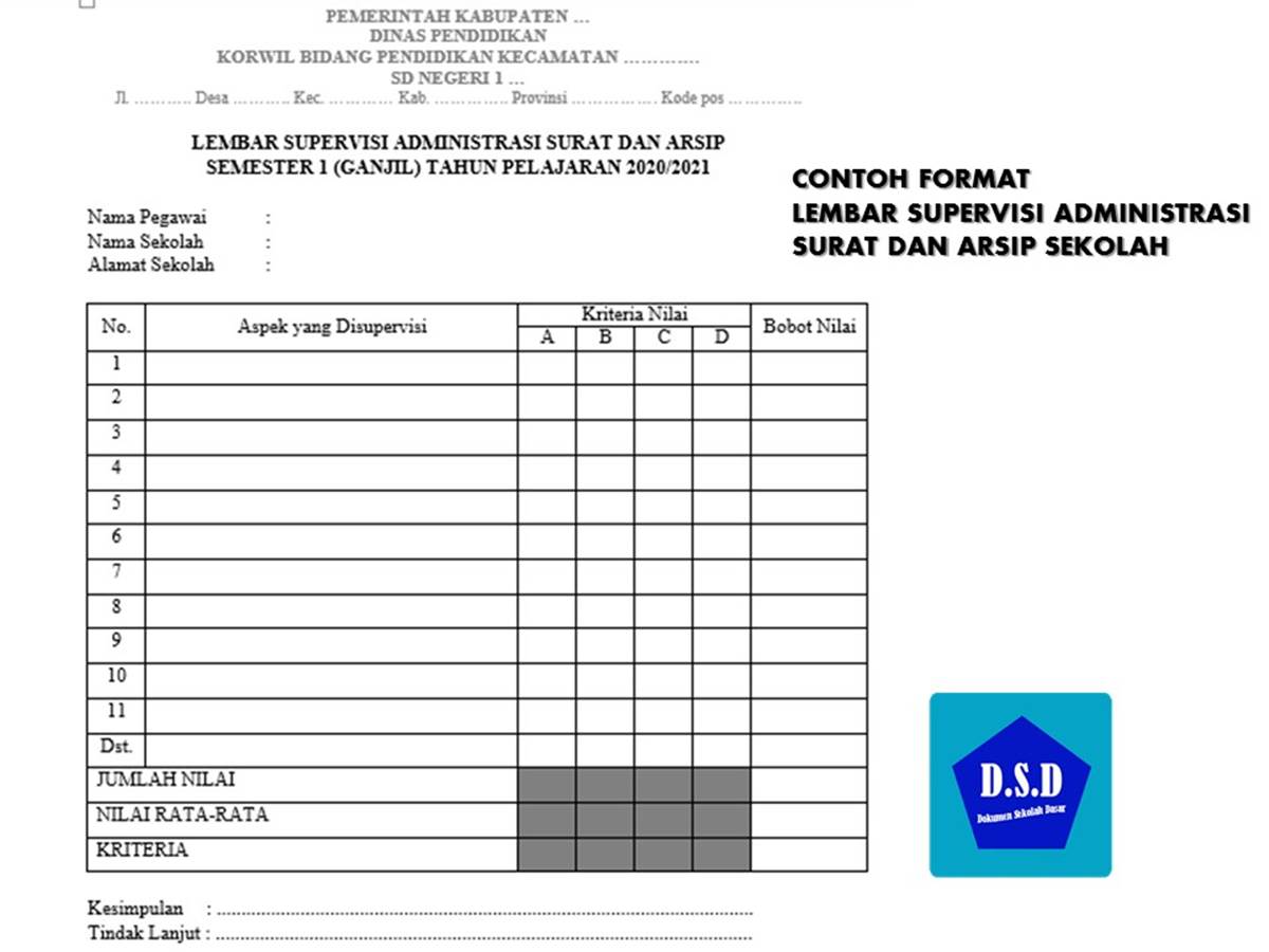 Contoh Lembar Supervisi Administrasi Surat dan Arsip Sekolah