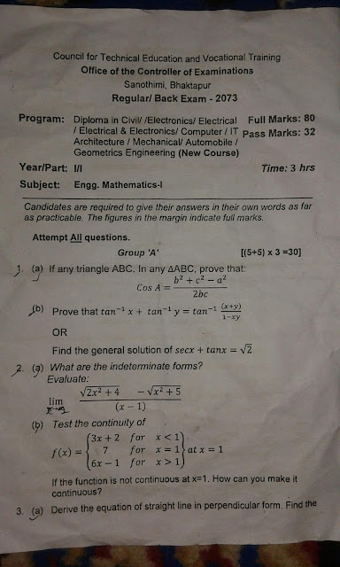 [CTEVT] 1st Year 1st Semester Engineering Mathematics I | Questions Papers | Diploma in Engineering