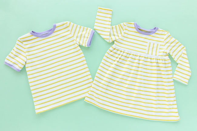 Yellow stripe t-shirt with lilac ribbing and matching dress version