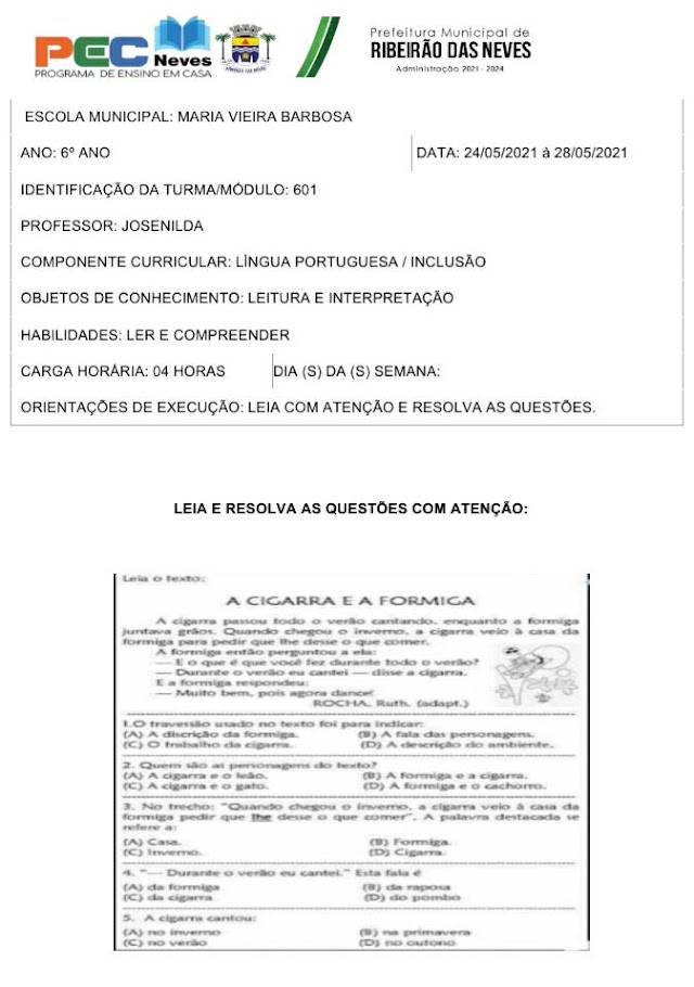 Atividade Língua Portuguesa -  601 Inclusão - 24/05/2021 à 28/05/2021