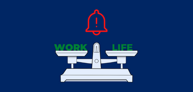 Dark blue background with red bell with red exclamation mark over a light blue set of scales with work in green in the left pan and the word life in green in the right pan.