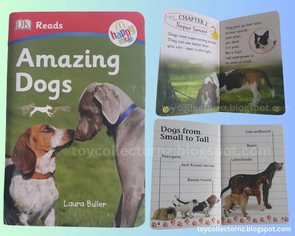 McDonalds DK Reads Books 2015-happy-meal-readers - Amazing Dogs cover picture plus two interior shots - dog size comparison chart and chapter 2 page 1 super senses