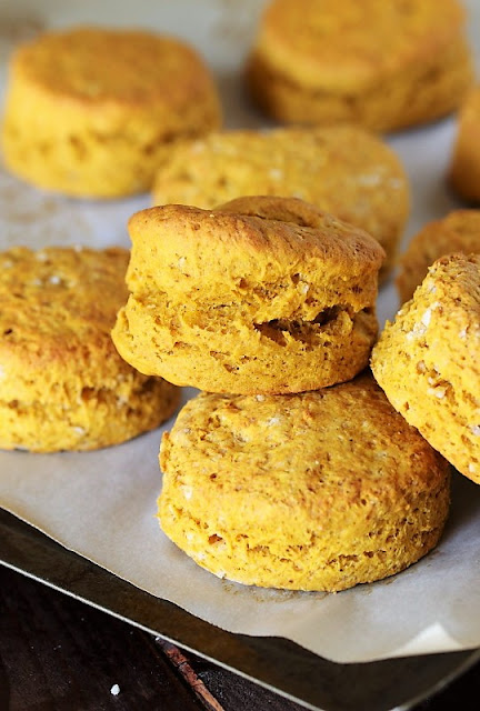 Pumpkin Biscuits ~ Celebrate the flavors of fall, even in your biscuits!  Pumpkin Biscuits are made extra scrumptious with a smear of Pecan-Honey Butter, too.