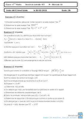 devoir de contrôle 2 mathématiques bac Math