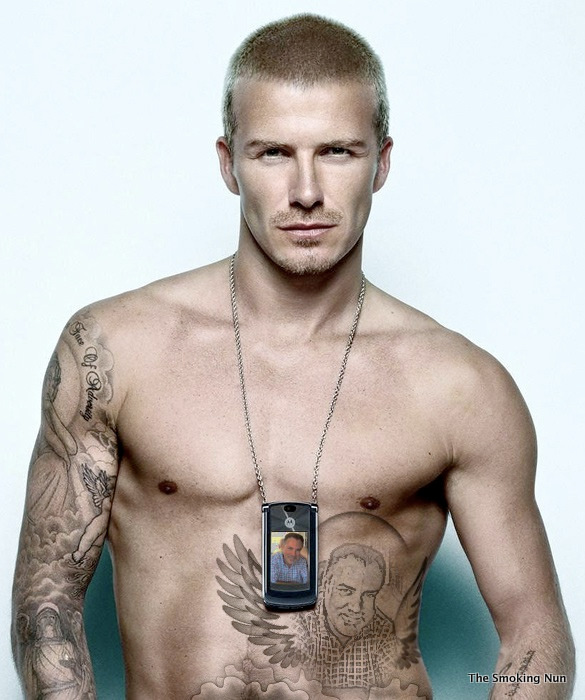 Note David Beckham's abdominal tattoo!