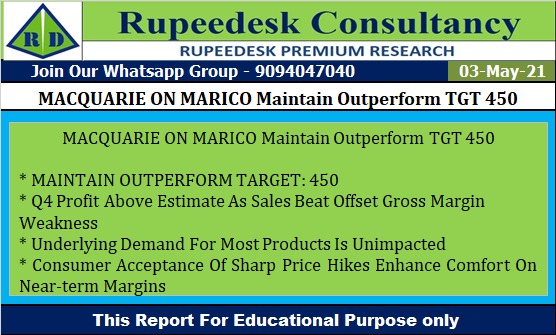 MACQUARIE ON MARICO Maintain Outperform TGT 450 - Rupeedesk Reports - 03.05.2021