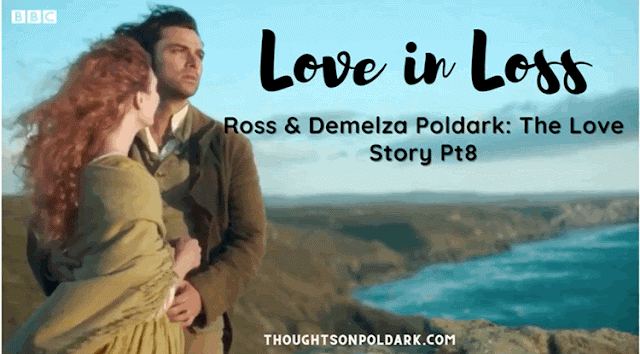 Ross and Demelza Poldark consoling each other after Julia's death on a cliff top