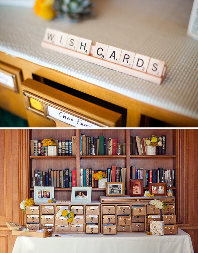 I love the use of the card catalog for the guest signin area and as an