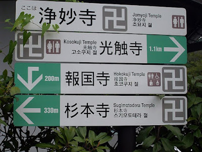 Swastikas on a road sign indicating Buddhist temples.
