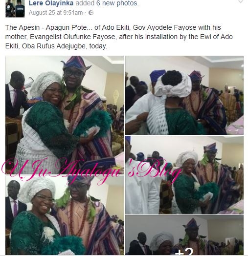 See Governor Ayo Fayose Hugging His Mother Tightly at His Chieftaincy Title Conferment (Photos)