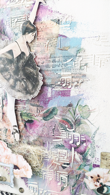 How to add texture and interest to your mixed media projects with rice paper. A4 mixed media canvas by Lou Sims