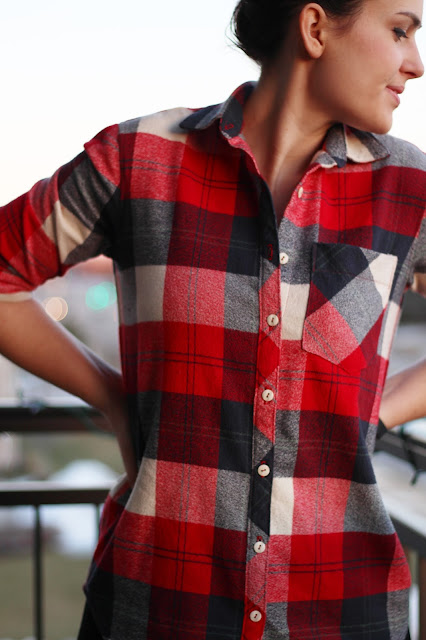 girl sewing diy fashion design button down flannel hipster american plaid rolled up sleeves tutorial how to sew button collar sleeves do it yourself brunette woman midwest milwaukee sewing blog