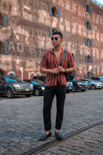 Casual Friday, Weekend Sharp Casual: Striped Button Down Shirt, Coach Leather Backpack, Allen Edmonds Loafers | Asian Male Model Blogger