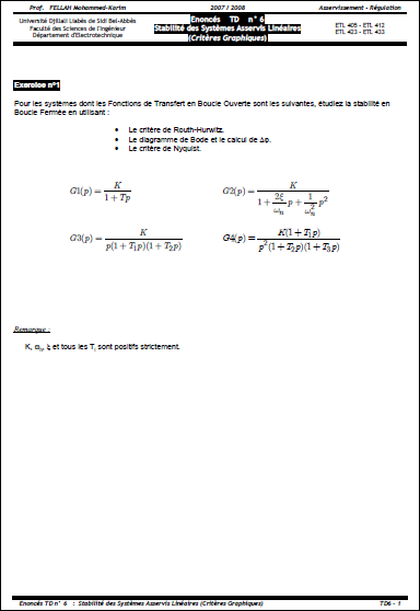 TD 6 ASSERVISSEMENT – RÉGULATION Stabilité des Systèmes Asservis Linéaires (Critères Graphiques)