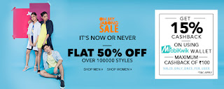 Clothing, Shoes, Bags & More Flat 50% Off + Extra 15% Cashback - Jabong