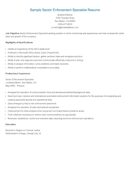 Sample Sector Enforcement Specialist Resume