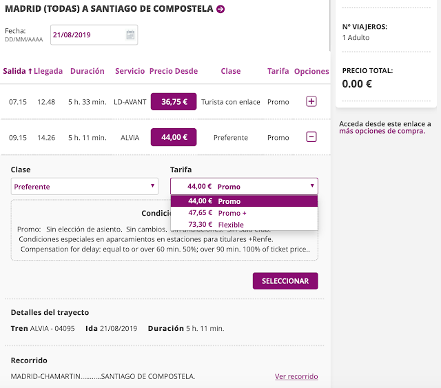 Fare options you can select on Renfe's website