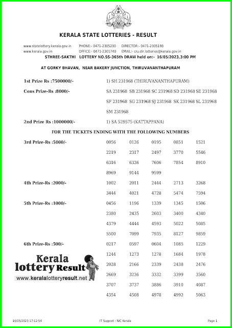 Off. Kerala Lottery Result; 16.05.23 Sthree Sakthi Lottery Results Today " SS-365"