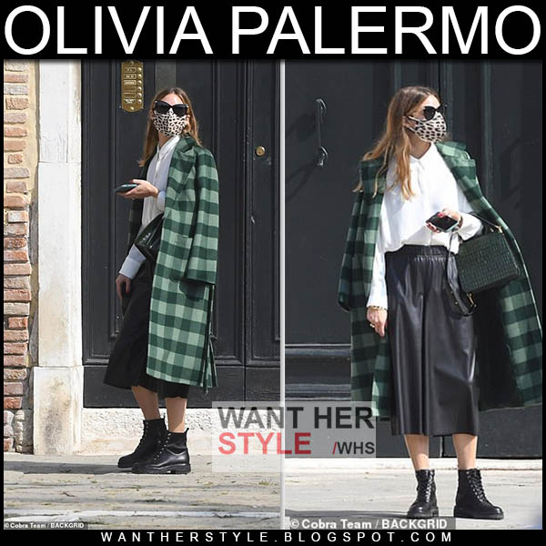 Olivia Palermo in green check coat and black ankle boots