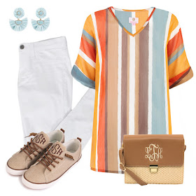 striped tunic outfit with jeans and sneakers