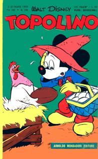 Topolino 124 - 10 Ottobre 1955 | ISSN 1120-611X | CBR 215 dpi | Settimanale | Fumetti | Universo Disney
Topolino apparve in Italia il 30 marzo 1930, quando sul n.13 del settimanale torinese Illustrazione del Popolo, diretto da Lorenzo Gigli, fu pubblicata la prima striscia disegnata da Ub Iwerks e intitolata Le avventure di Topolino nella giungla. Due anni dopo si ha il primo libro illustrato italiano con le sue immagini: Sua Altezza Reale il Principe Codarello e, poco più tardi, il 31 dicembre 1932, esce il primo numero di Topolino in formato giornale, edito da Nerbini.
Sulla falsariga del celebre Corriere dei Piccoli, anche Topolino si presentava ai lettori con periodicità settimanale e si apriva con una breve storia in cui le didascalie sono scritte in rima e realizzata da Giove Toppi, che divenne quindi il primo autore Disney italiano. Sul settimanale della Nerbini, comunque, trovano spazio soprattutto le strisce e le tavole realizzate da Floyd Gottfredson. In queste storie vengono anche introdotte delle didascalie in rima, scritte dal primo direttore della rivista, Paolo Lorenzini (detto Collodi Nipote in quanto nipote di Carlo Collodi), e viene anche assegnato il nome definitivo alla spalla di Topolino, ovvero quel Pippo un po' lunatico e un po' svampito che sui libri della Salani veniva ancora chiamato Medoro.
Nerbini non si era assicurato correttamente i diritti di pubblicazione: quando aveva varato la sua rivista, infatti, si era rivolto al Consorzio Cinematografico E.I.A., il distributore dei cortometraggi di Topolino, quando in realtà i diritti per le riviste erano stati dati in mano al giornalista Guglielmo Emanuel dallo stesso Disney. Per cui, per un paio di numeri, la testata passò da Topolino a Topo Lino, per poi riprendere la nota testata con il n.7. Il Topolino Giornale era formato da otto pagine e non conteneva solo storie a fumetti Disney ma anche storie non-Disney che anzi erano di solito la maggioranza delle storie presenti in un numero.
Il numero 137 del Topolino Giornale, dell'11 agosto 1935, segna il passaggio di consegne da Nerbini alla Mondadori. Il fascismo, tuttavia, causò dei problemi al giornale. Dal 1938, il Min.Cul.Pop. (Ministero della Cultura Popolare) impone alla stampa di non editare più i protagonisti del fumetto popolare americano. Il solo Topolino è risparmiato, e così il suo logo e il suo personaggio possono continuare ad esistere nelle edicole italiane, ma in piena seconda guerra mondiale, a partire dal n.476 del 27 gennaio 1942, anche il settimanale è costretto a cedere alle restrizioni. Lo sostituisce Tuffolino, un ragazzetto dalle medesime caratteristiche fisiche, disegnato dal grande illustratore Pierlorenzo De Vita. Con la fine del fascismo, le avventure di Topolino poterono di nuovo essere pubblicate.
Alla fine degli anni quaranta, però, i giornali a fumetti che pubblicavano storie a puntate di non più di due tavole ad episodio erano irrimediabilmente in crisi, e così lo stesso Topolino, le cui vendite erano di gran lunga calate rispetto al periodo d'oro. Mondadori, però, non poteva rinunciare alla rivista da edicola per non perdere i ricchi diritti delle pubblicazioni da libreria, così decise un doloroso ma necessario cambio di formato e periodicità. Nel 1949 nasce così il periodico a fumetti Topolino formato libretto, all'inizio con cadenza mensile, quindi quindicinale e, infine, settimanale, fino a giungere a oggi al suo sessantesimo anniversario e con oltre 3000 numeri usciti, ricchi di storie tra le più famose, con autori da Carl Barks a Romano Scarpa, da Floyd Gottfredson a Giovan Battista Carpi e così via.