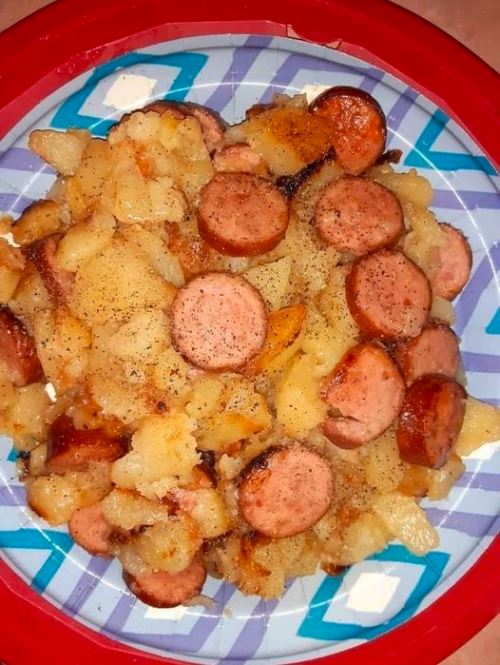 Fried Potatoes and Onions, Peppers with Smoked Sausage