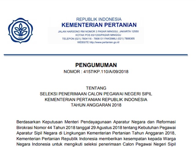 Formasi dan Persyaratan Pendaftaran CPNS 2018 Kementerian Pertanian