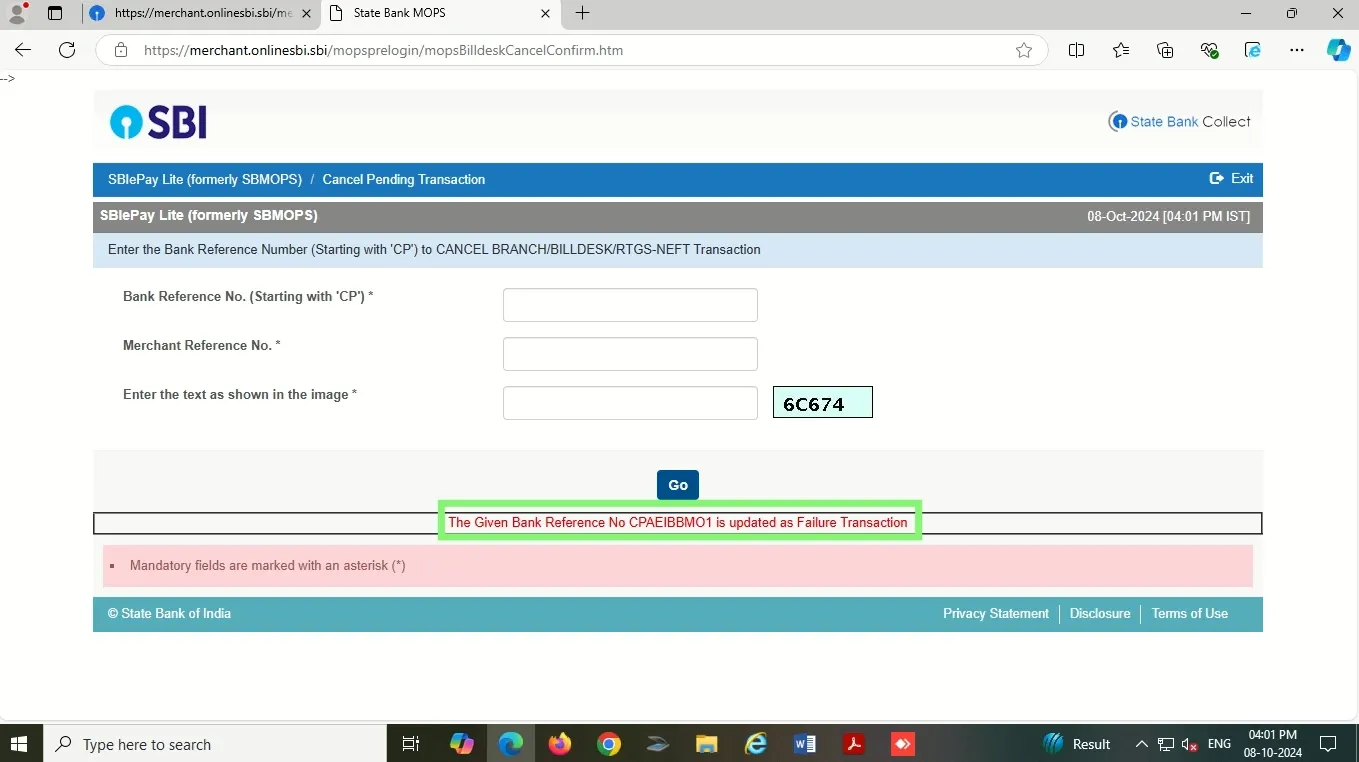 SBI MOPS fill details