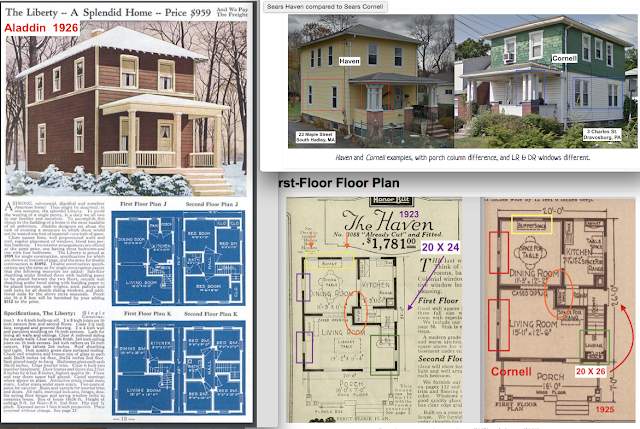 comparison of floorplans and exterior of Aladdin Liberty and Sears Haven and Sears Cornell