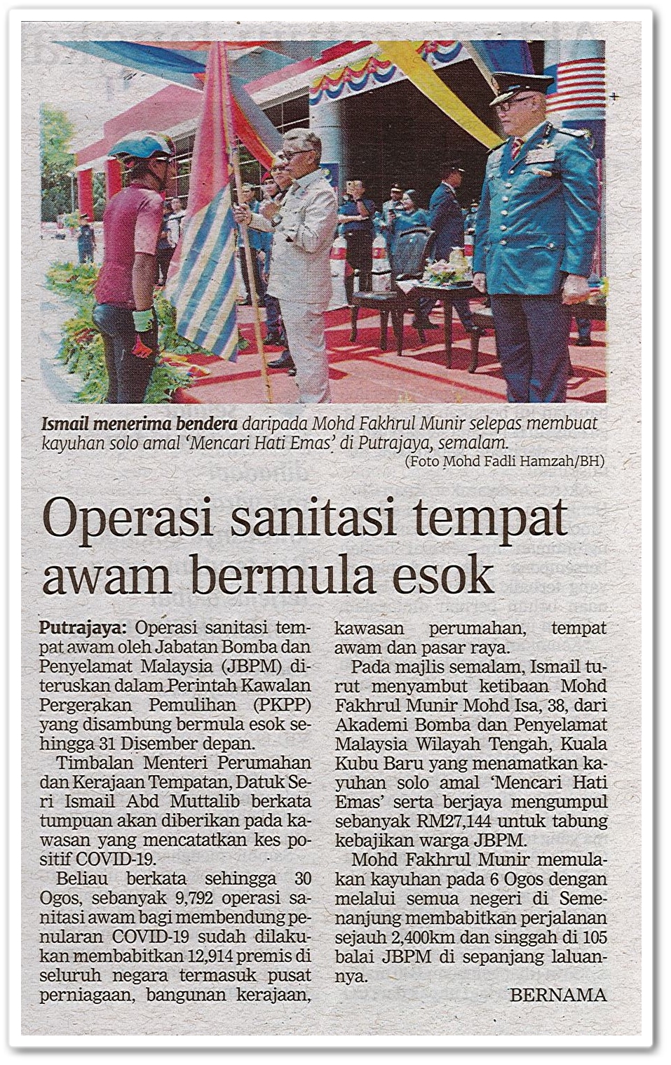 Operasi sanitasi tempat awam bermula esok - Keratan akhbar Berita Harian 1 September 2020