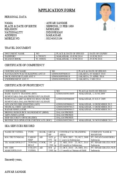 contoh cv pelaut rating engine