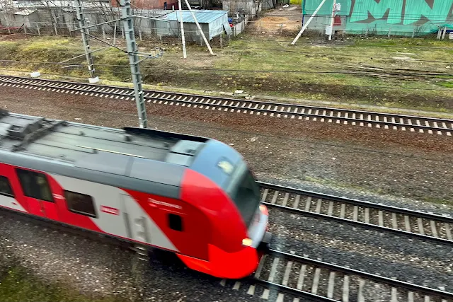 вид из окна поезда, пути Октябрьской железной дороги, поезд «Ласточка»