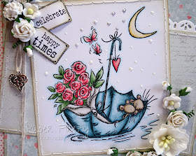 Romantic vintage style wedding card featuring cute mice in an umbrella (image from Crafter's Companion)
