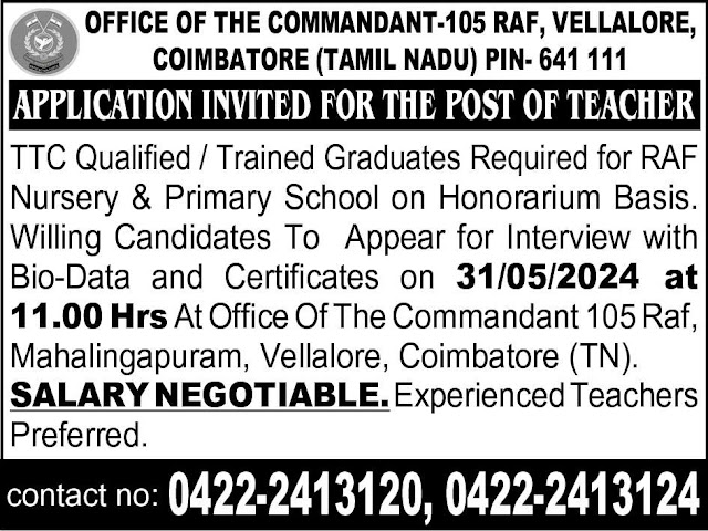 Office of the Commandant - TTC / TGT Required for RAF Nursery and Primary School