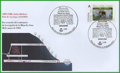 sobre, matasellos, sello, mina, La Sota, Laviana, accidente, filatelia